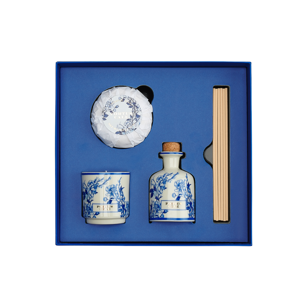 מפיץ + נר + סבון מארז Gold & Blue מבית פורטוס קאלה