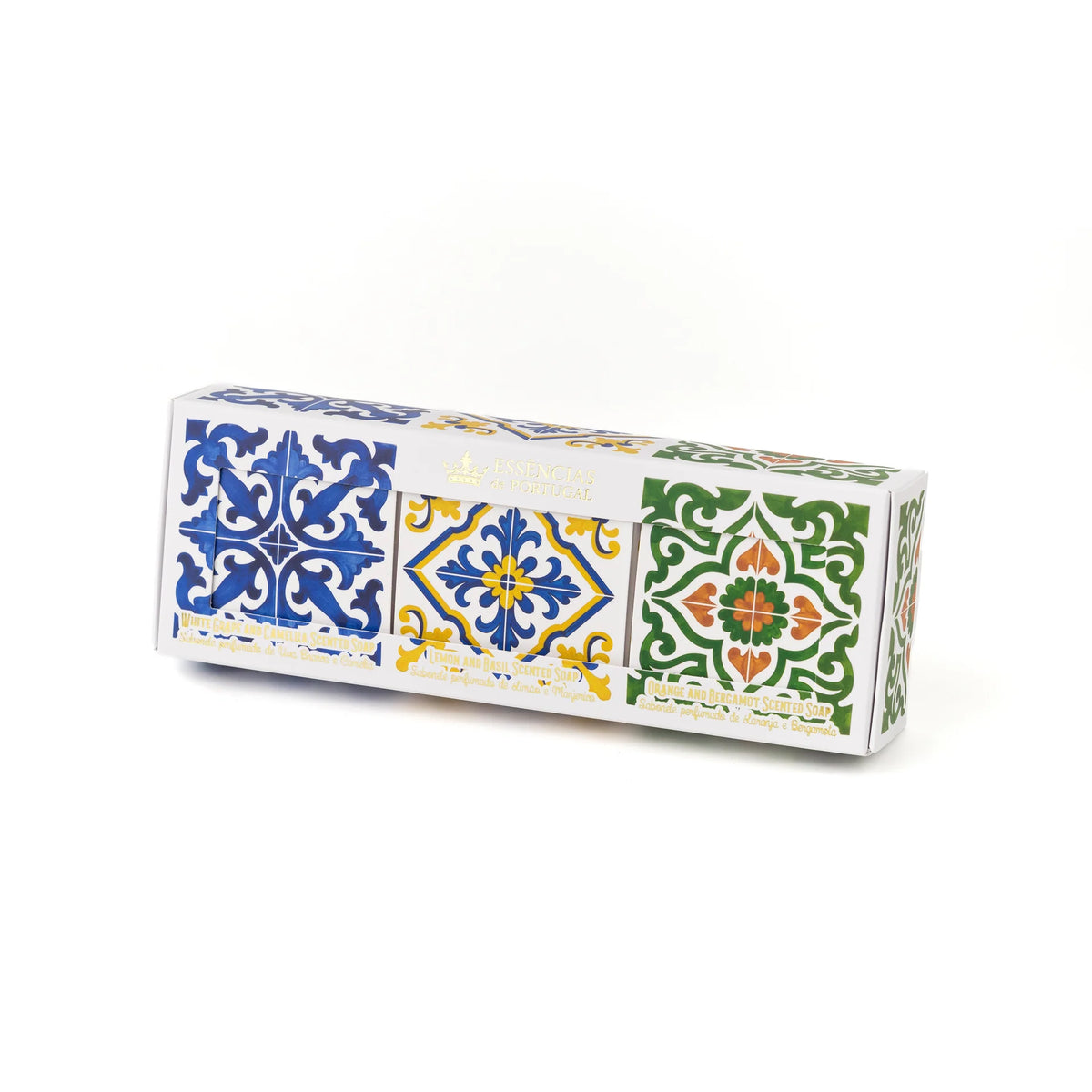 מארז שלושה סבוני Azulejos de Portugal מבית Essências de Portugal - Orange & Bergamot, Lemon & Basil ו-White Grape & Camellia