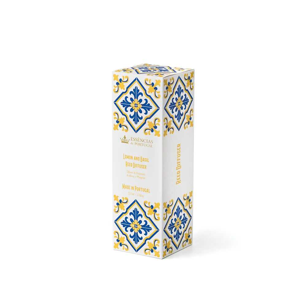 אריזת מפיץ הריח Azulejos de Portugal בניחוח Lemon & Basil מבית Essências de Portugal, בעיצוב אריח צהוב בהשראת ליסבון